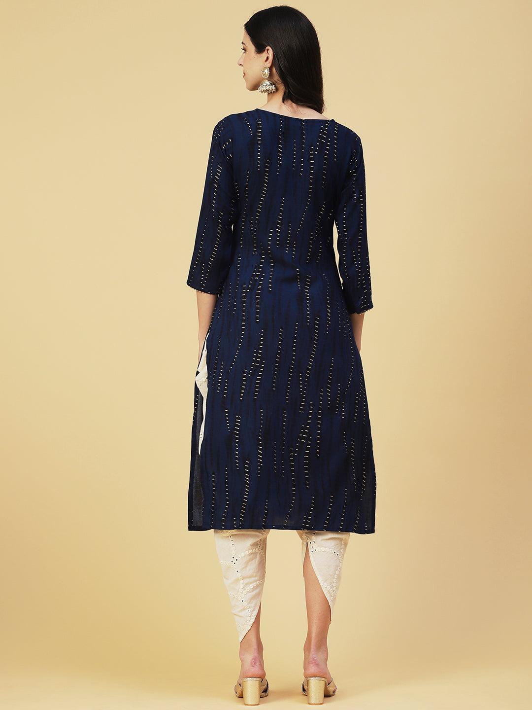 Shibori Printed Mirror Embroidered Kurta - Navy Blue - Indiakreations