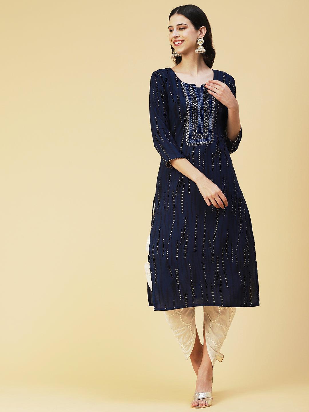 Shibori Printed Mirror Embroidered Kurta - Navy Blue - Indiakreations