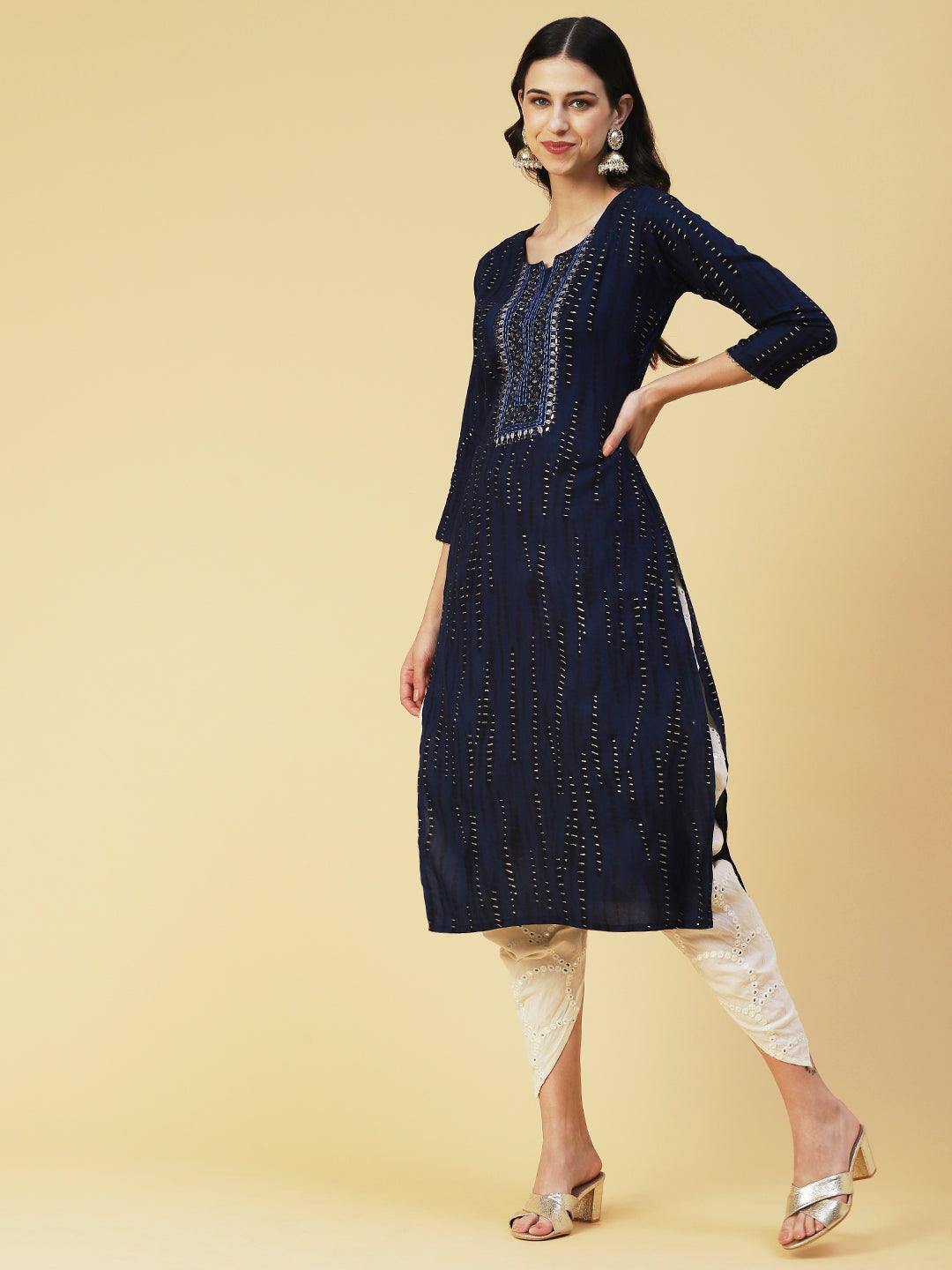 Shibori Printed Mirror Embroidered Kurta - Navy Blue - Indiakreations