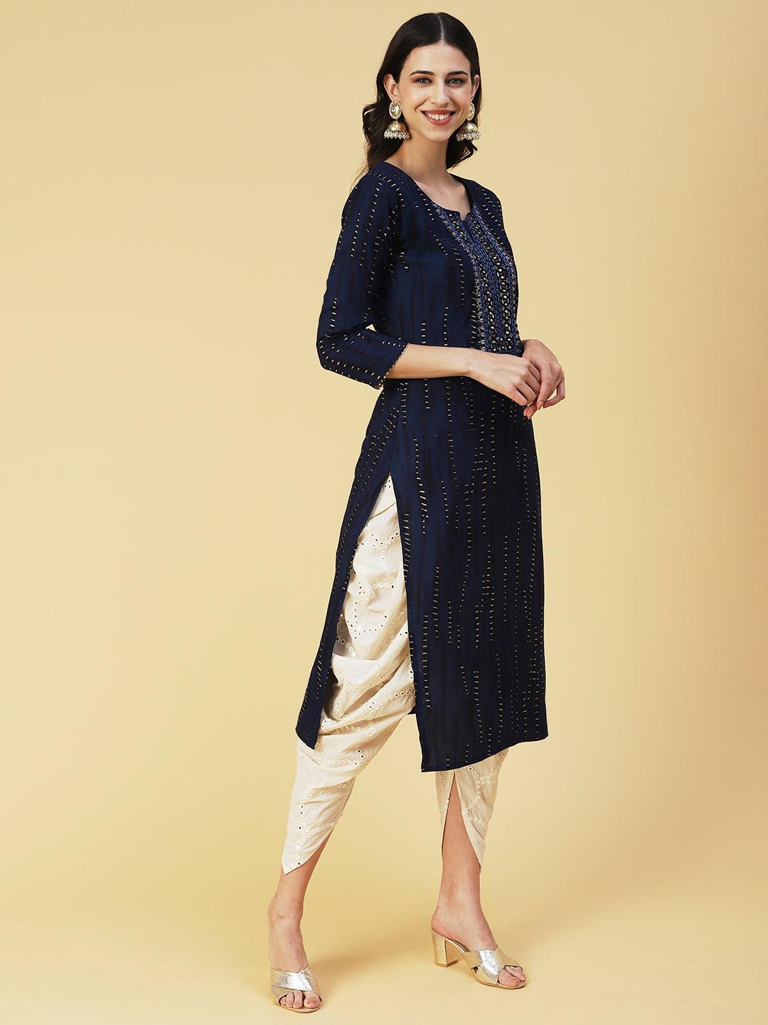 Shibori Printed Mirror Embroidered Kurta - Navy Blue - Indiakreations