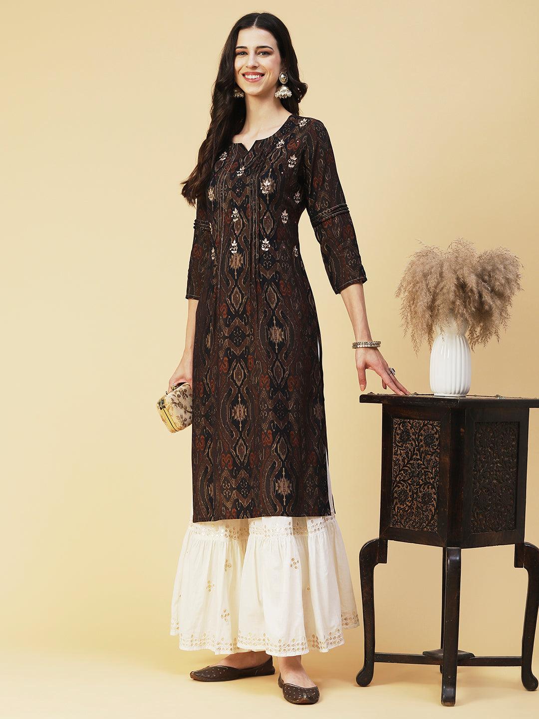 Ikkat Printed Gotapatti & Mirror Embroidered Kurta - Coffee Brown - Indiakreations