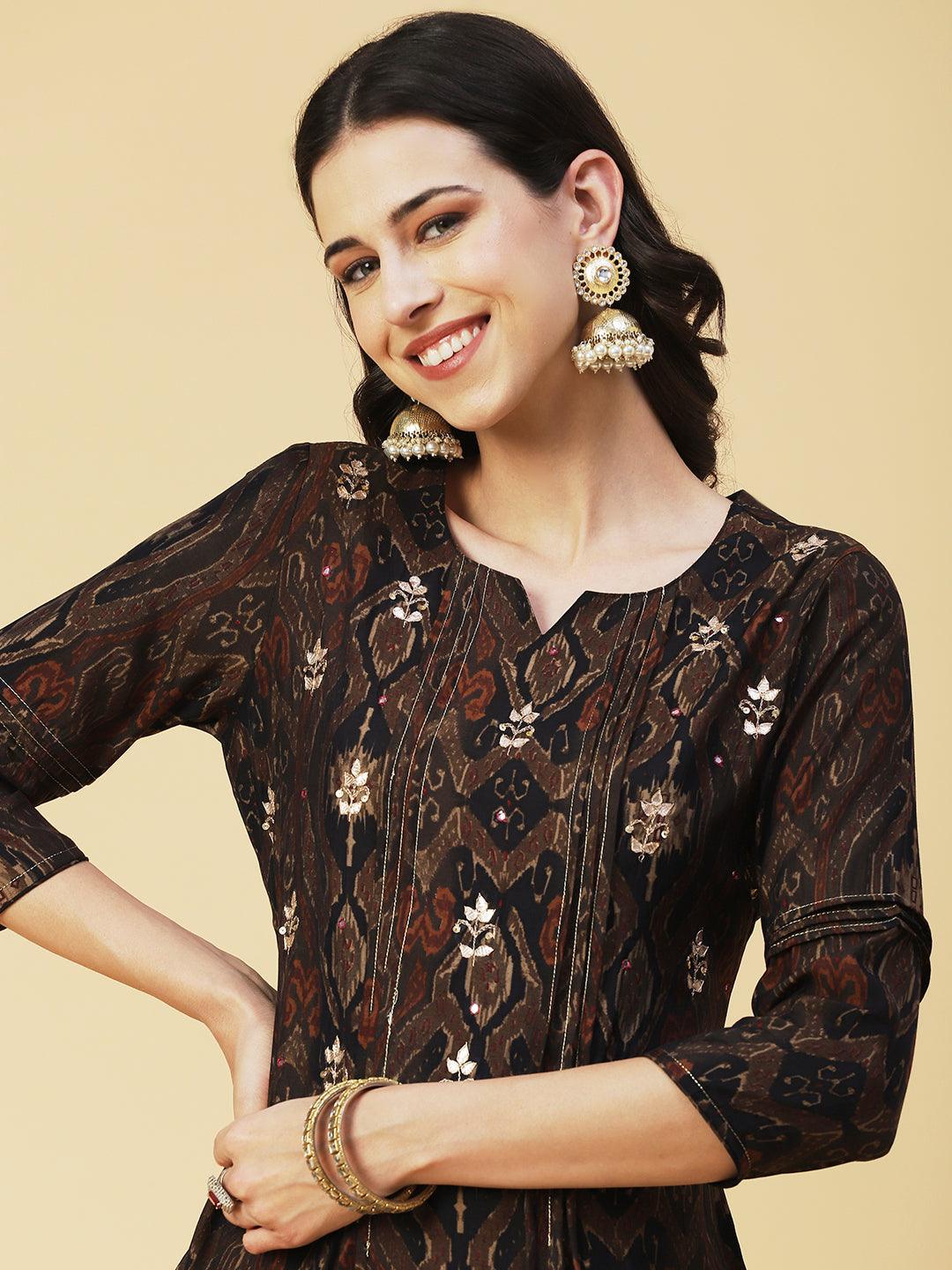 Ikkat Printed Gotapatti & Mirror Embroidered Kurta - Coffee Brown - Indiakreations