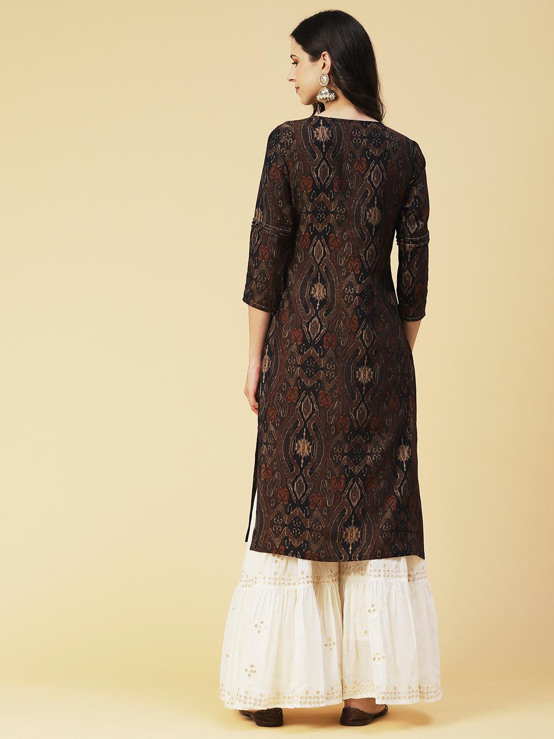 Ikkat Printed Gotapatti & Mirror Embroidered Kurta - Coffee Brown - Indiakreations