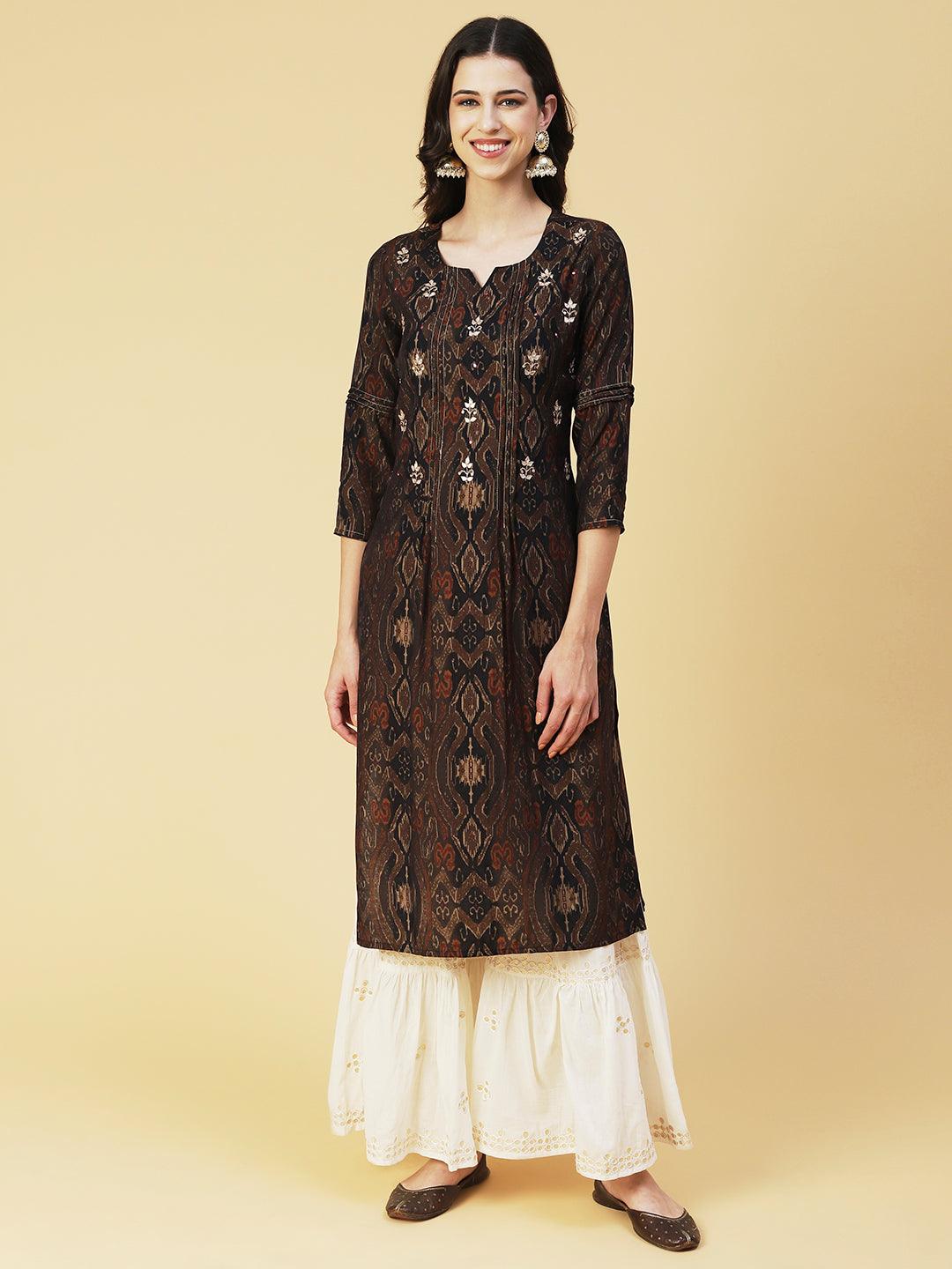 Ikkat Printed Gotapatti & Mirror Embroidered Kurta - Coffee Brown - Indiakreations