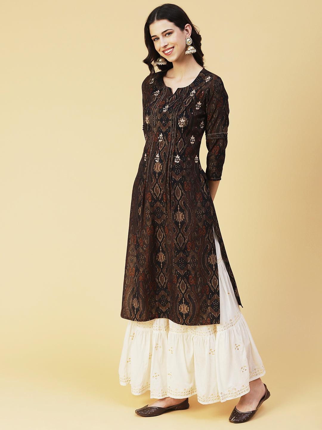 Ikkat Printed Gotapatti & Mirror Embroidered Kurta - Coffee Brown - Indiakreations