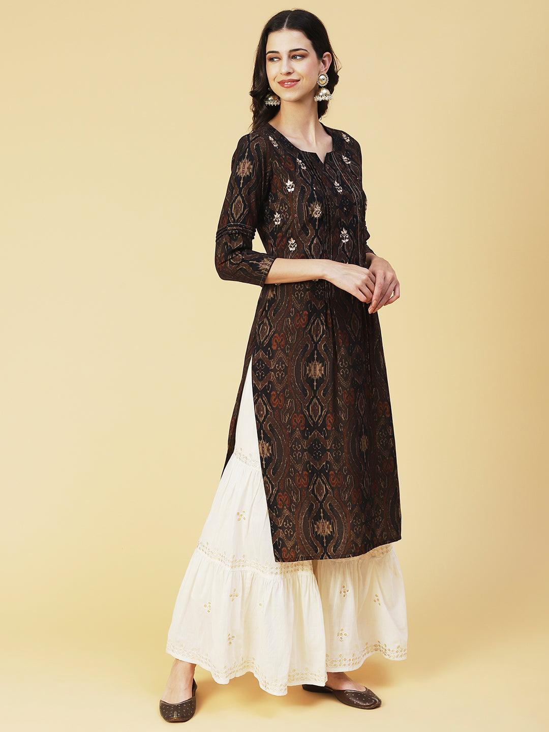 Ikkat Printed Gotapatti & Mirror Embroidered Kurta - Coffee Brown - Indiakreations