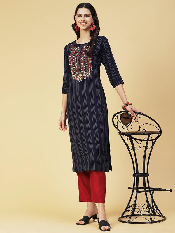 Woven Stripes & Hand Embroidered Straight Fit Kurta - Navy Blue - Indiakreations