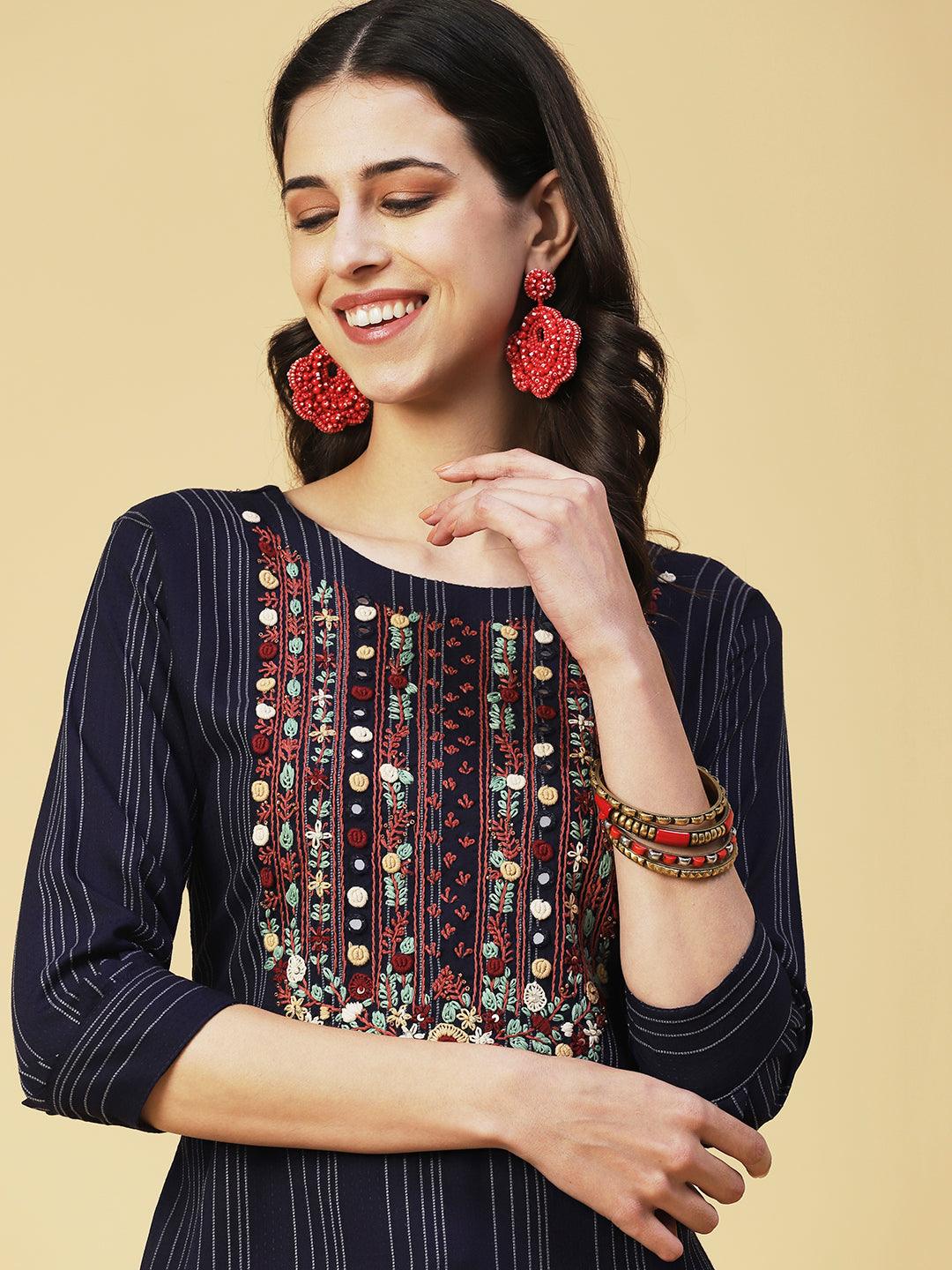 Woven Stripes & Hand Embroidered Straight Fit Kurta - Navy Blue - Indiakreations