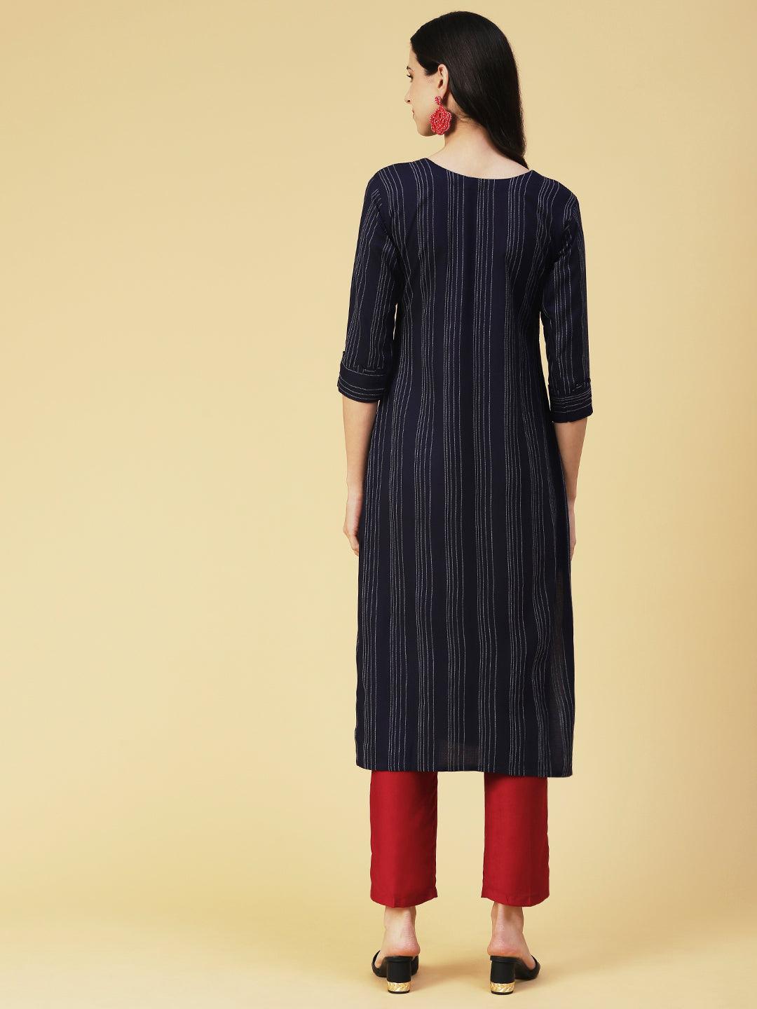 Woven Stripes & Hand Embroidered Straight Fit Kurta - Navy Blue - Indiakreations