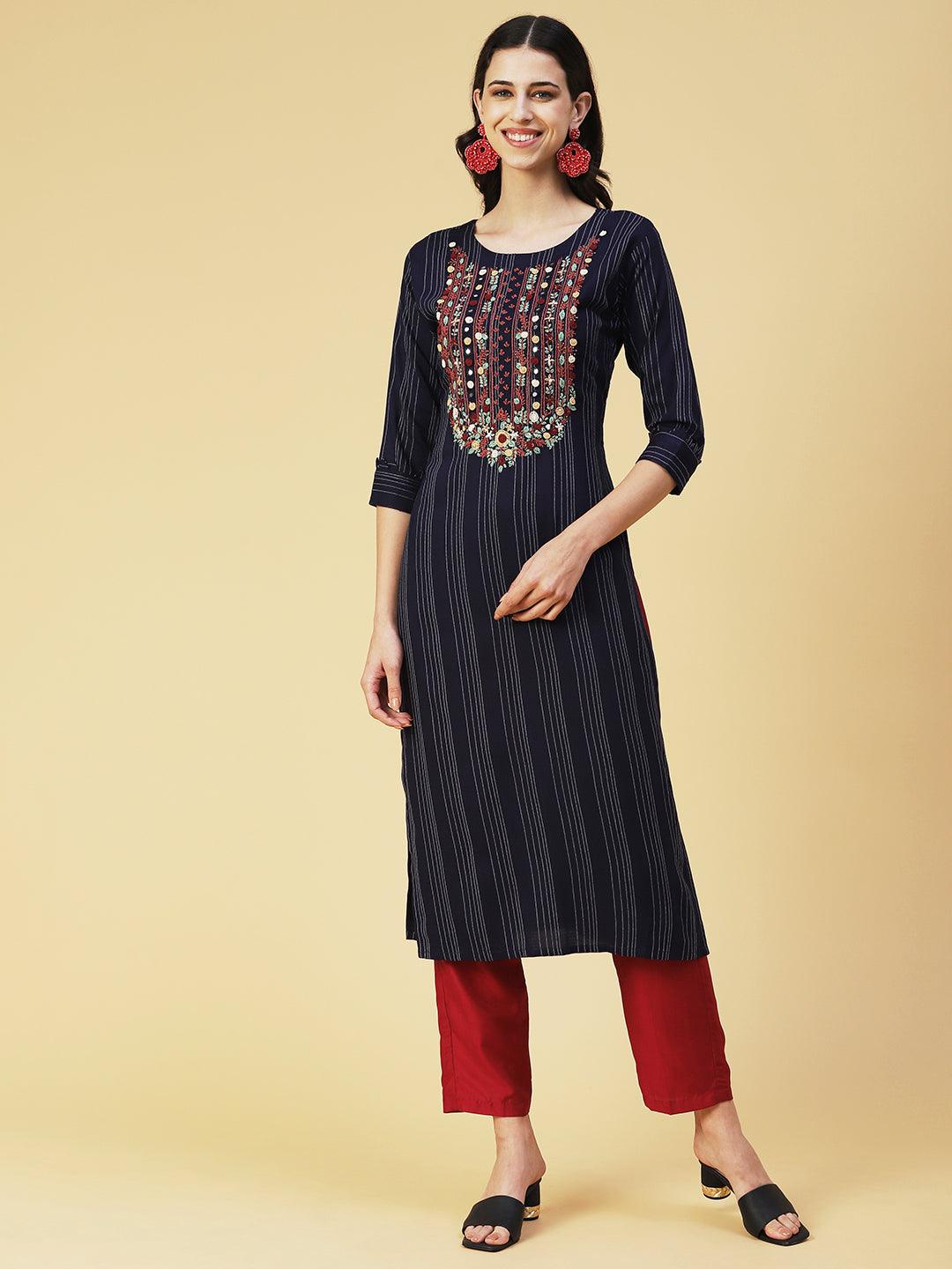 Woven Stripes & Hand Embroidered Straight Fit Kurta - Navy Blue - Indiakreations