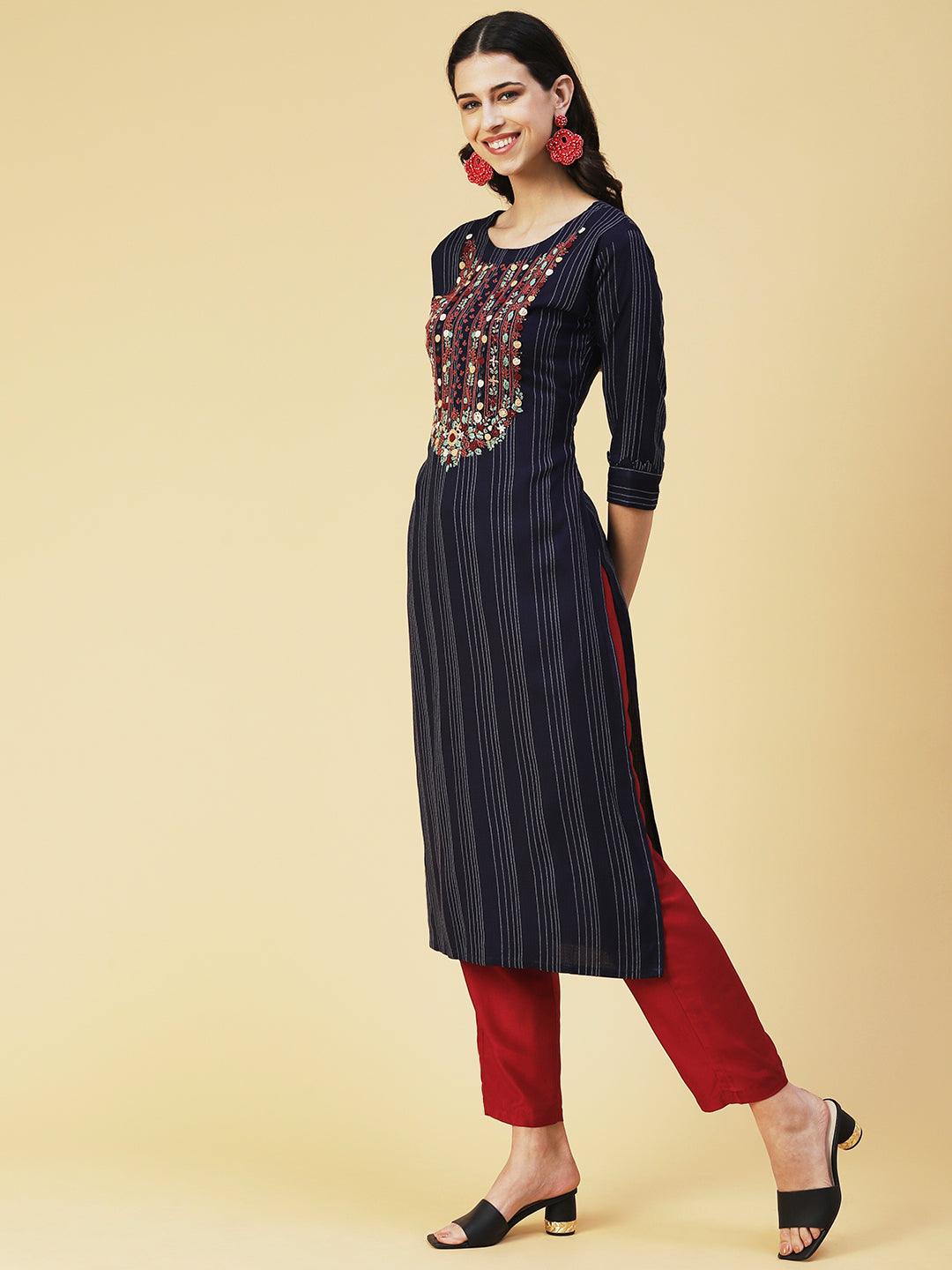 Woven Stripes & Hand Embroidered Straight Fit Kurta - Navy Blue - Indiakreations