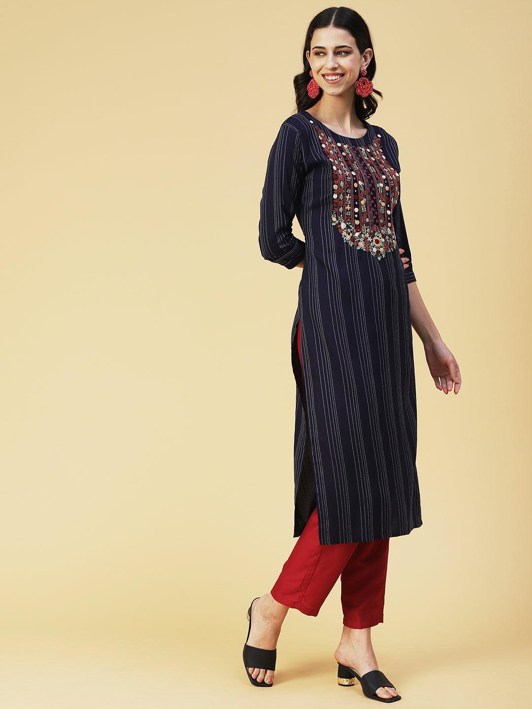 Woven Stripes & Hand Embroidered Straight Fit Kurta - Navy Blue - Indiakreations