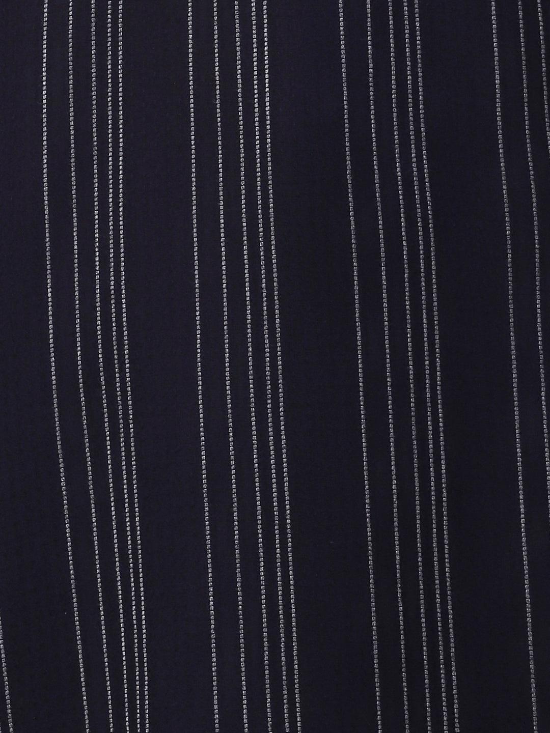 Woven Stripes & Hand Embroidered Straight Fit Kurta - Navy Blue - Indiakreations