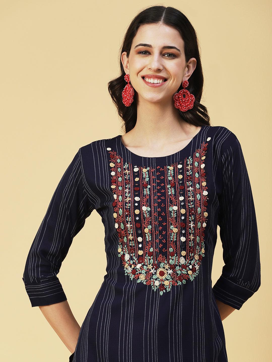 Woven Stripes & Hand Embroidered Straight Fit Kurta - Navy Blue - Indiakreations