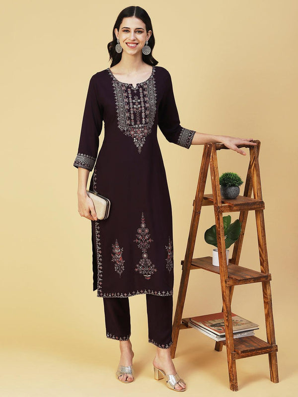 Ethnic Embroidered Straight Kurta with Pant - Violet - Indiakreations