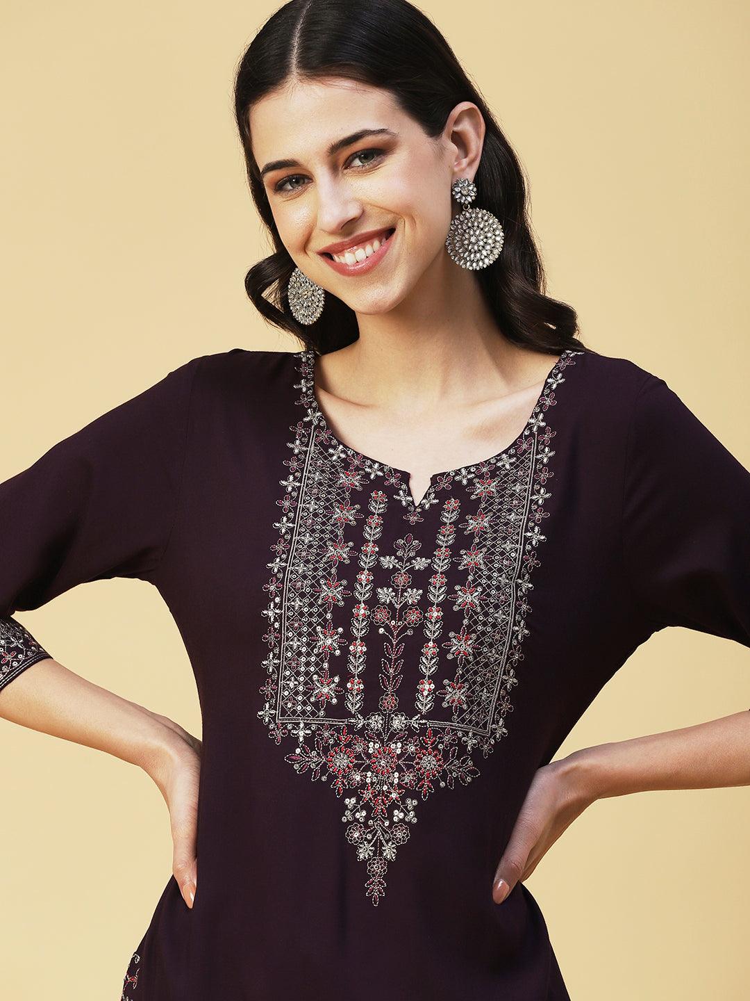 Ethnic Embroidered Straight Kurta with Pant - Violet - Indiakreations