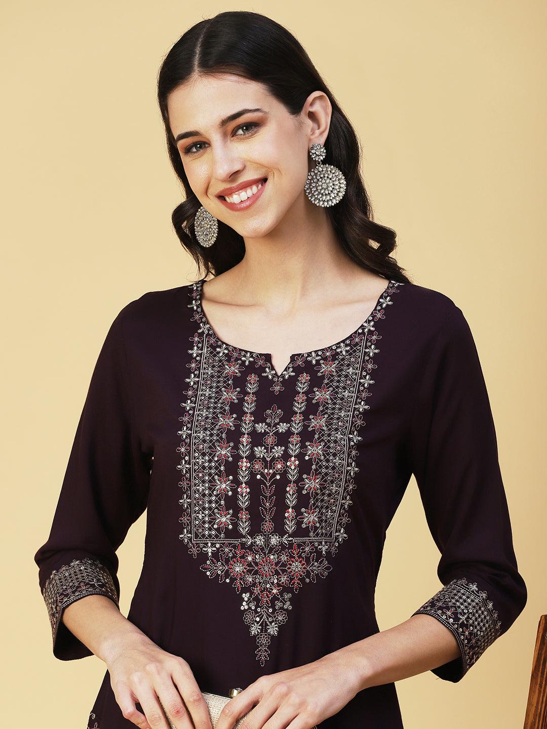 Ethnic Embroidered Straight Kurta with Pant - Violet - Indiakreations