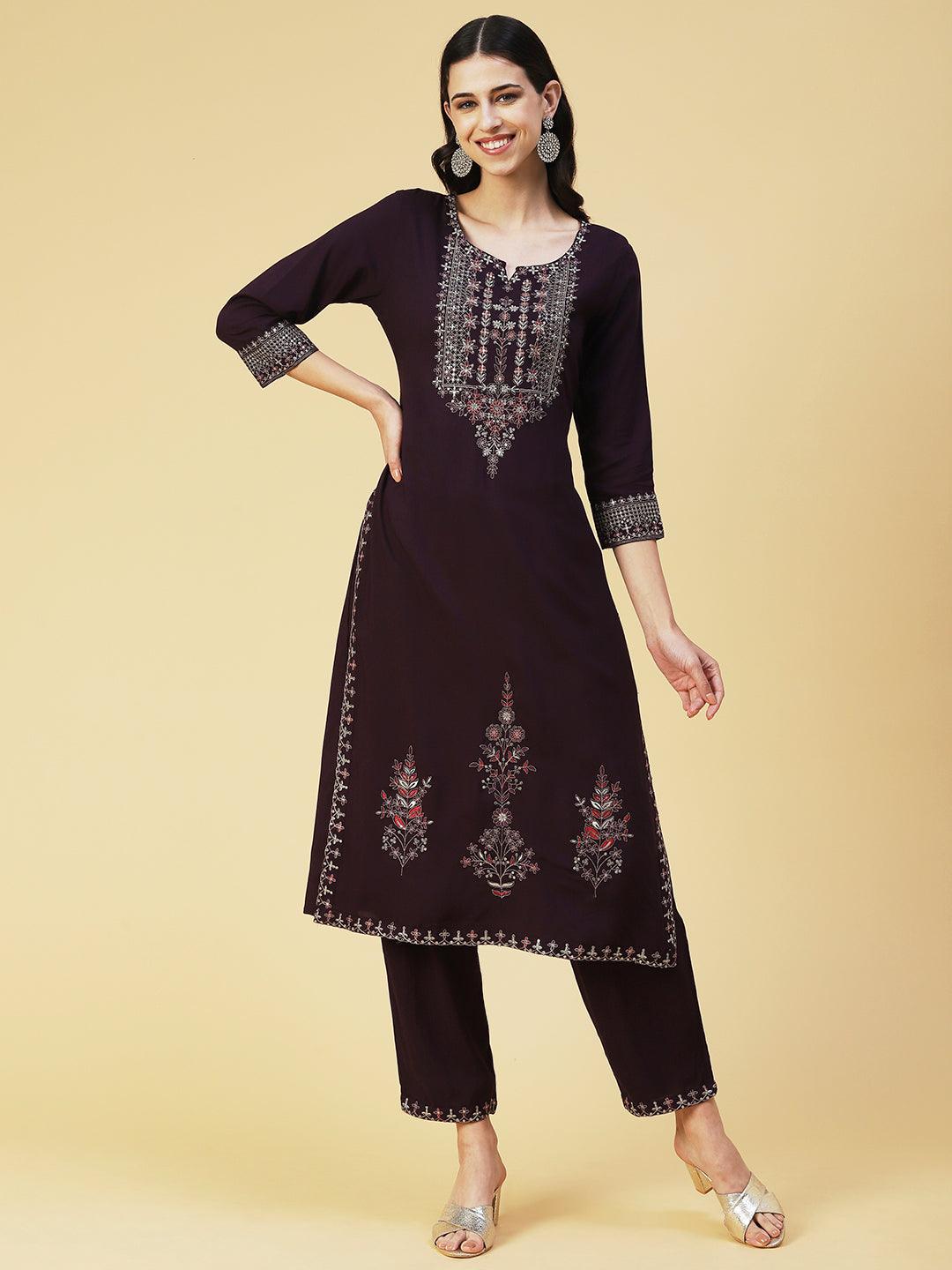 Ethnic Embroidered Straight Kurta with Pant - Violet - Indiakreations