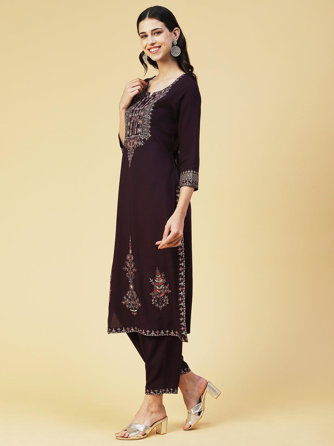 Ethnic Embroidered Straight Kurta with Pant - Violet - Indiakreations