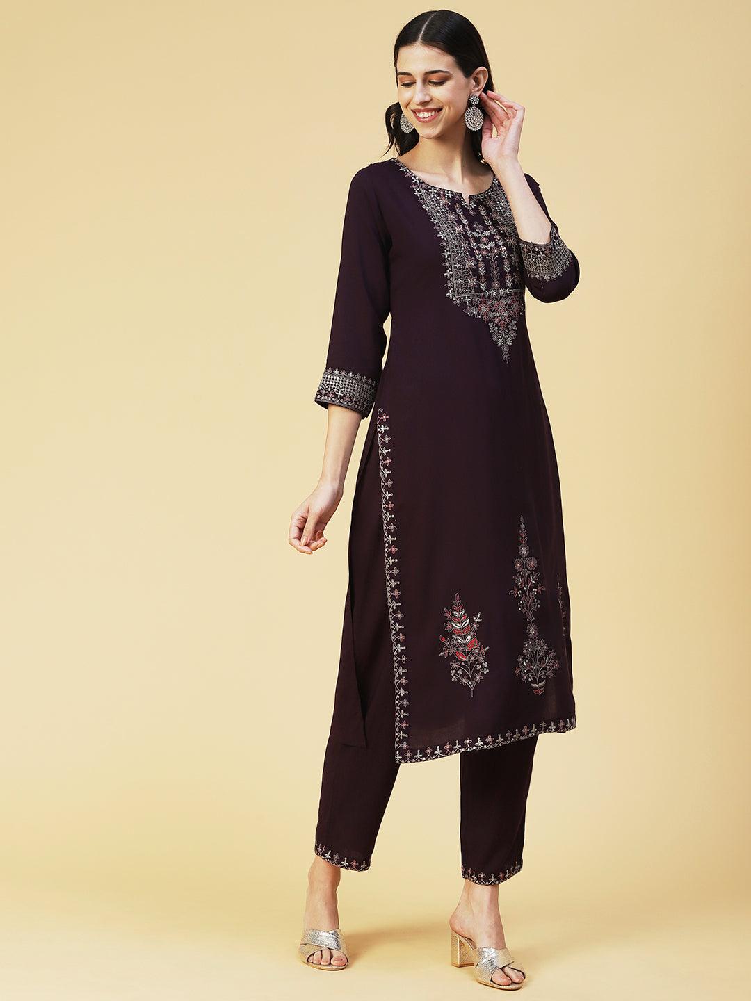 Ethnic Embroidered Straight Kurta with Pant - Violet - Indiakreations