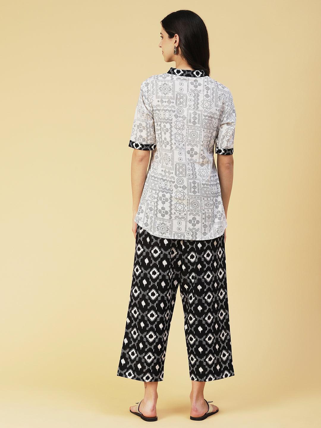 Tribal Printed Straight Fit Lounge Wear Set - White - Indiakreations