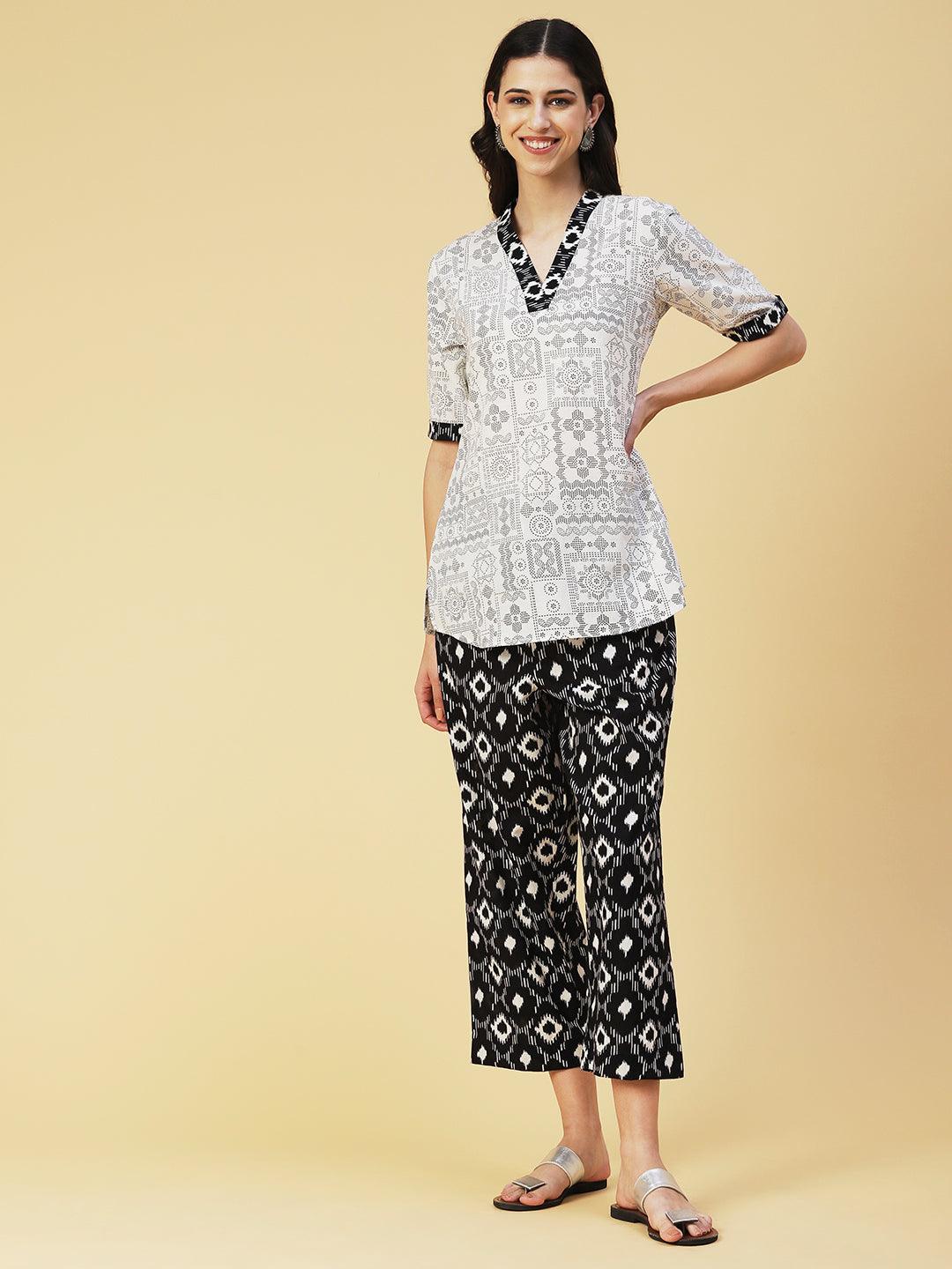 Tribal Printed Straight Fit Lounge Wear Set - White - Indiakreations