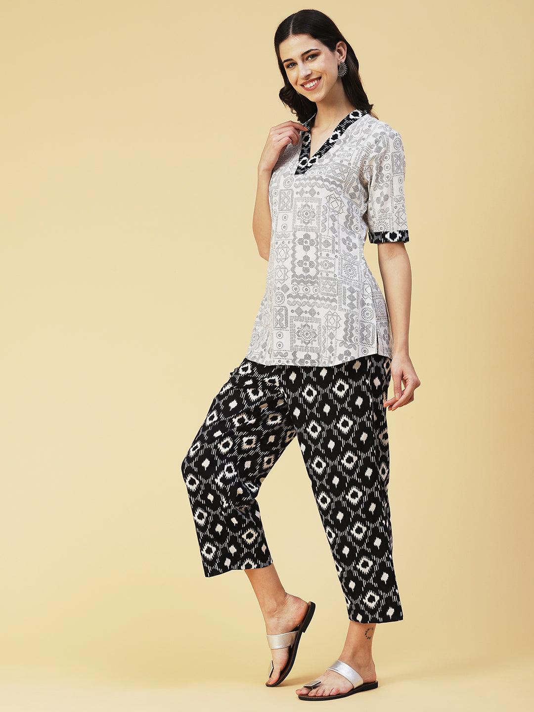 Tribal Printed Straight Fit Lounge Wear Set - White - Indiakreations