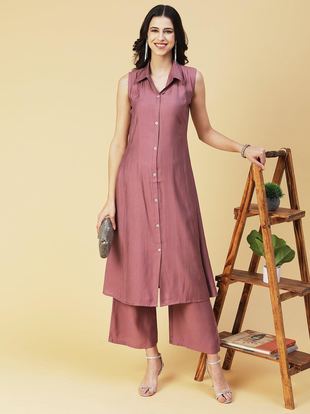 Solid Mother-of-Pearl Buttoned A-line Kurta With Pants - Mauve - Indiakreations