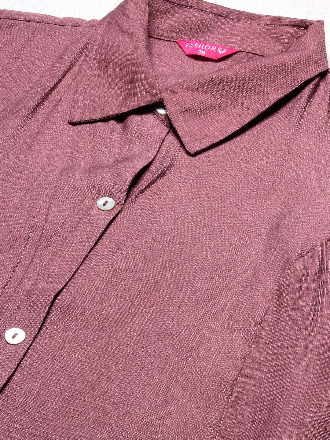 Solid Mother-of-Pearl Buttoned A-line Kurta With Pants - Mauve - Indiakreations