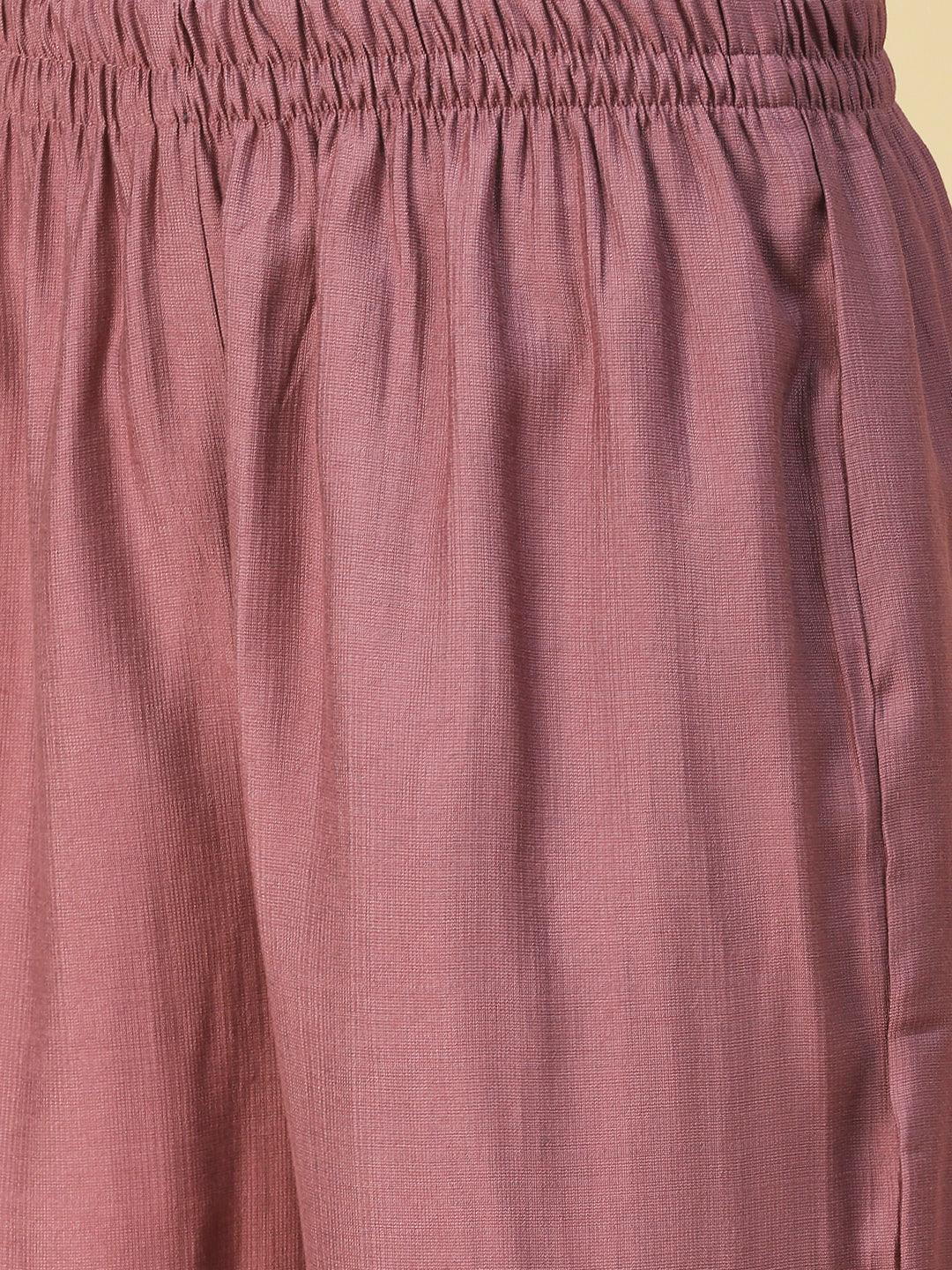 Solid Mother-of-Pearl Buttoned A-line Kurta With Pants - Mauve - Indiakreations