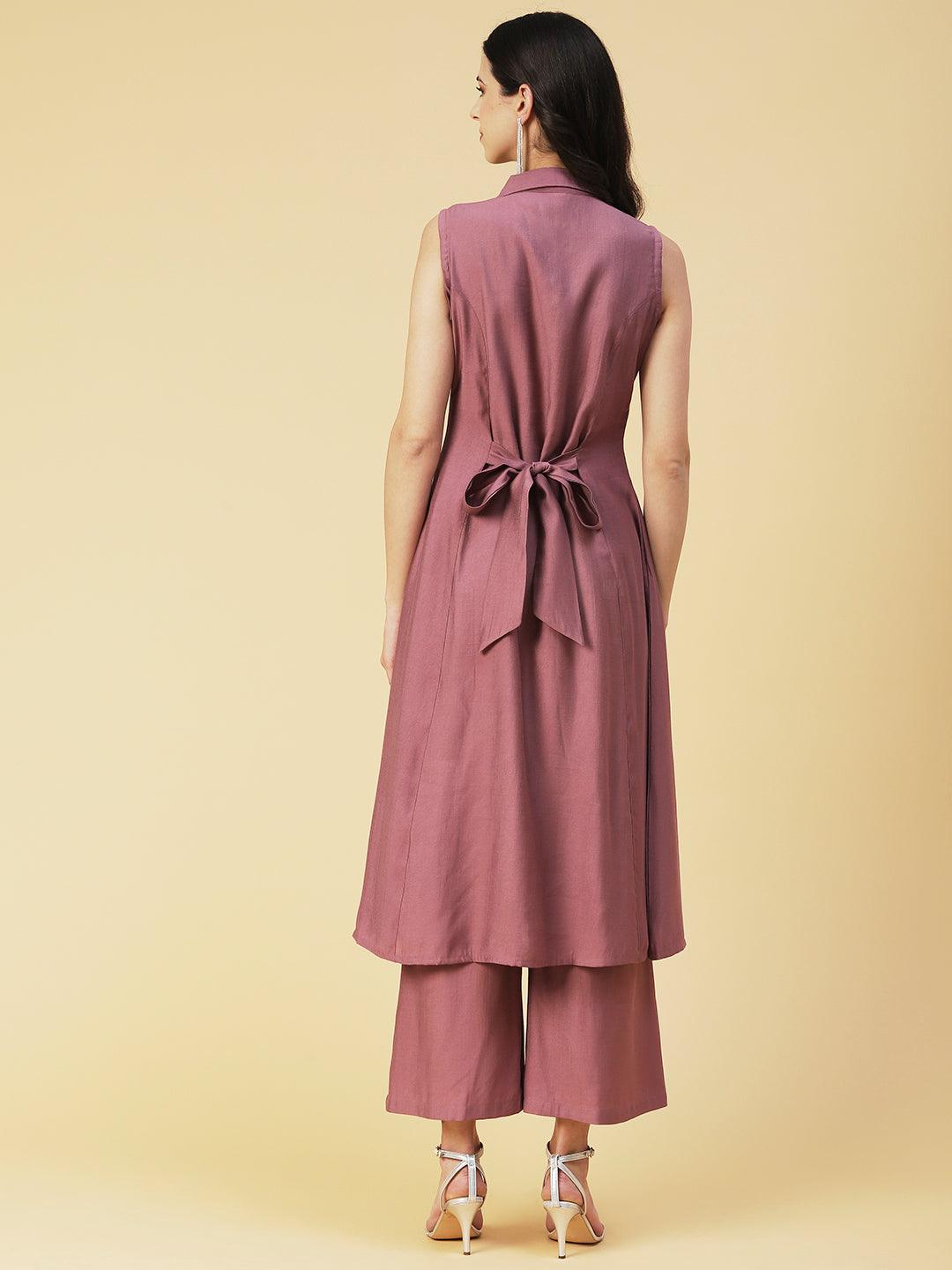 Solid Mother-of-Pearl Buttoned A-line Kurta With Pants - Mauve - Indiakreations