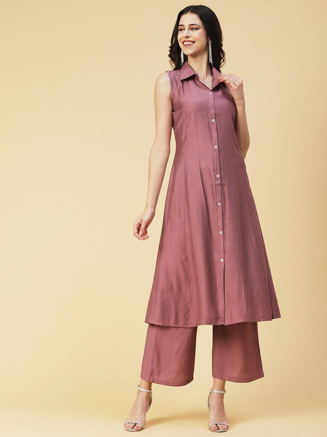 Solid Mother-of-Pearl Buttoned A-line Kurta With Pants - Mauve - Indiakreations