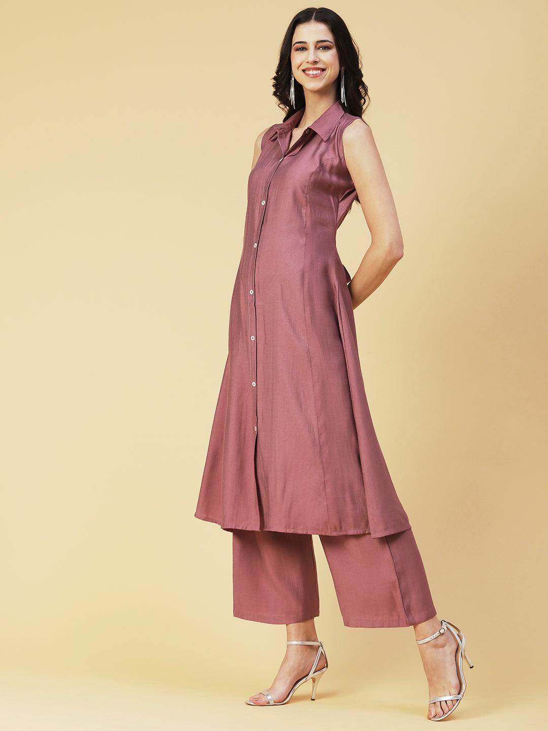 Solid Mother-of-Pearl Buttoned A-line Kurta With Pants - Mauve - Indiakreations