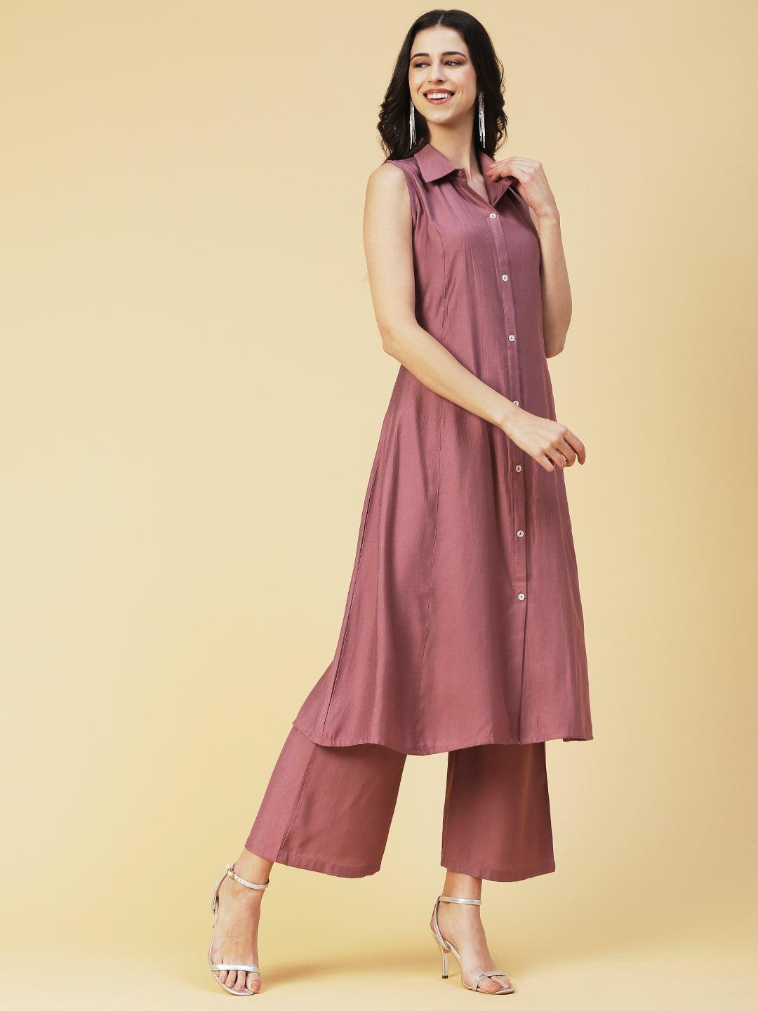 Solid Mother-of-Pearl Buttoned A-line Kurta With Pants - Mauve - Indiakreations