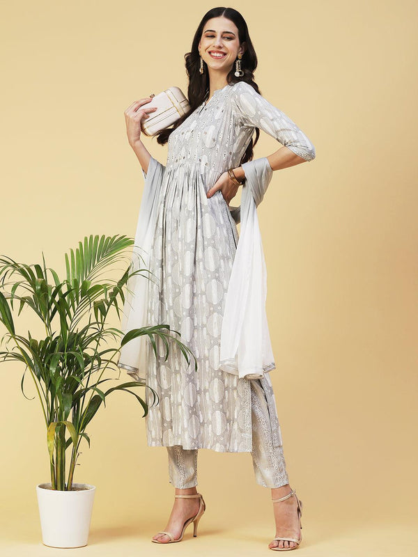 Abstract Printed Mirror Embroidered Kurta With Pants & Dupatta - Grey - Indiakreations