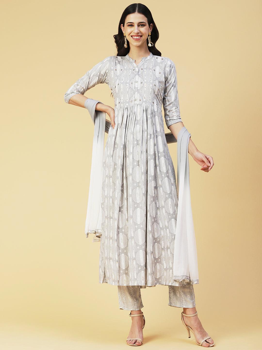 Abstract Printed Mirror Embroidered Kurta With Pants & Dupatta - Grey - Indiakreations