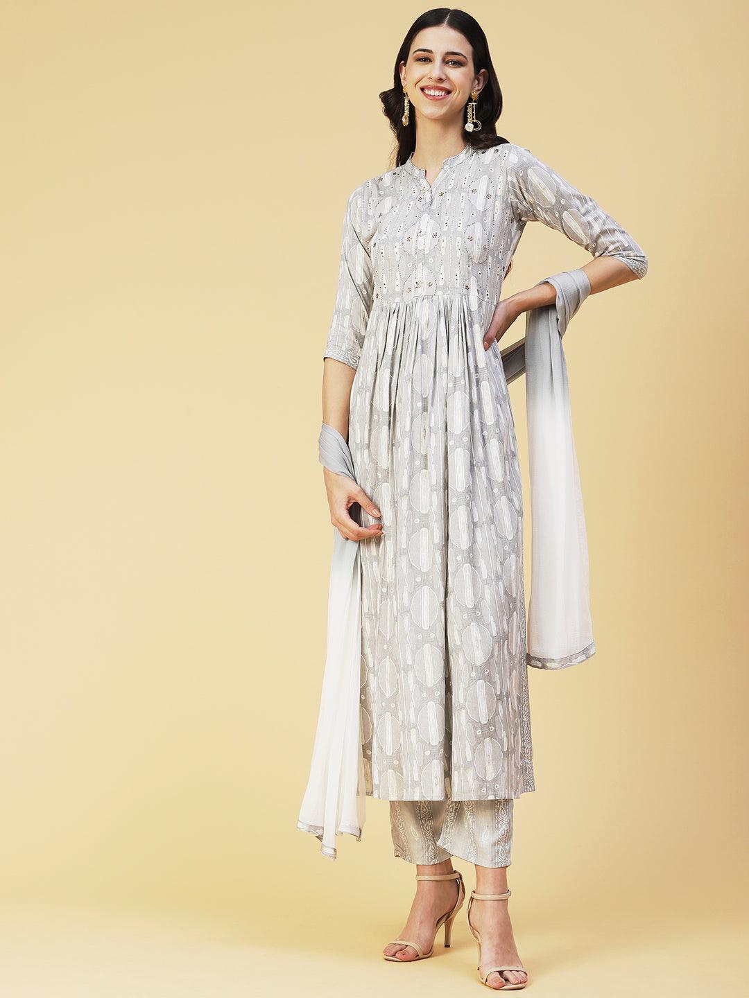 Abstract Printed Mirror Embroidered Kurta With Pants & Dupatta - Grey - Indiakreations