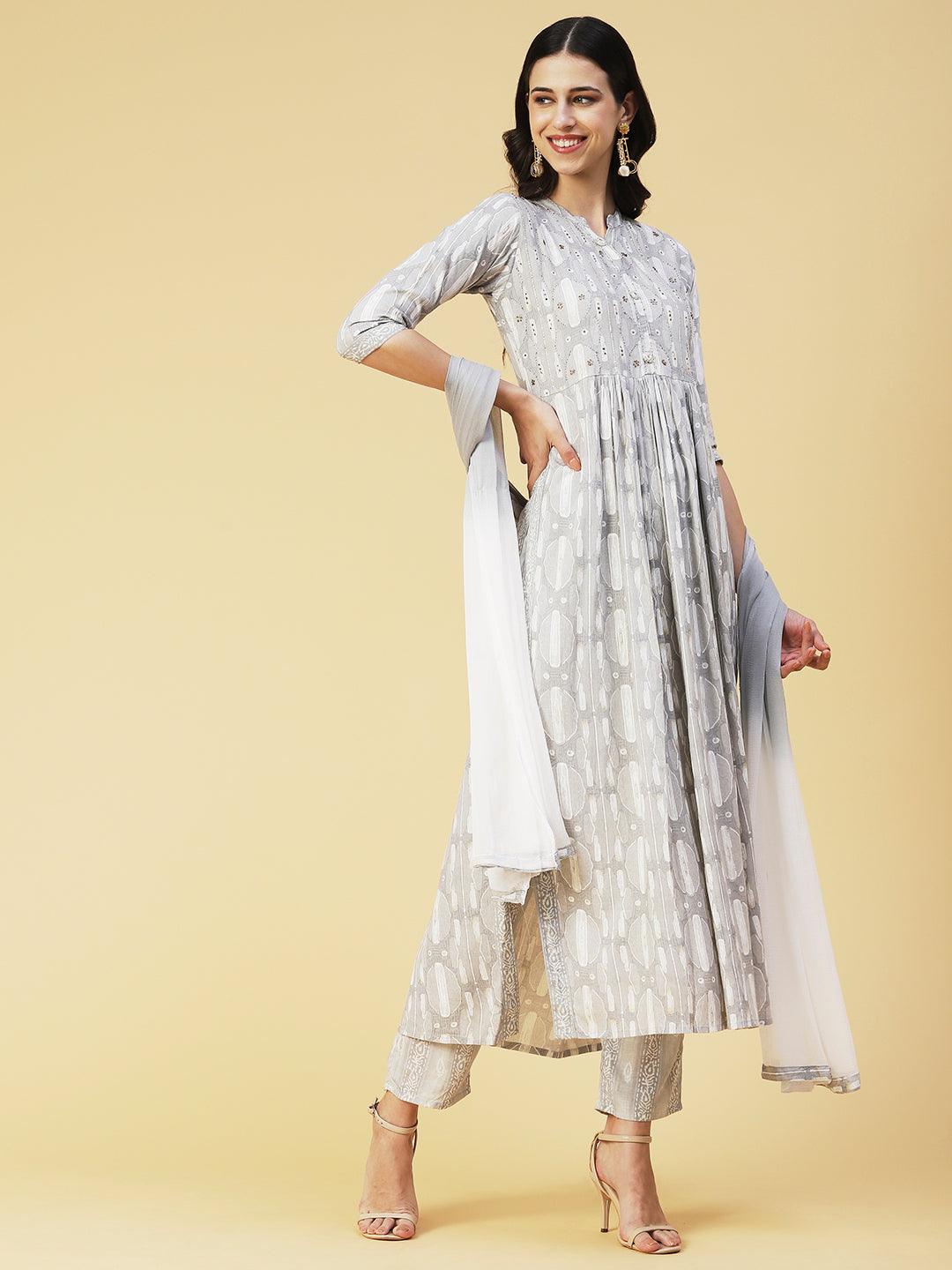 Abstract Printed Mirror Embroidered Kurta With Pants & Dupatta - Grey - Indiakreations