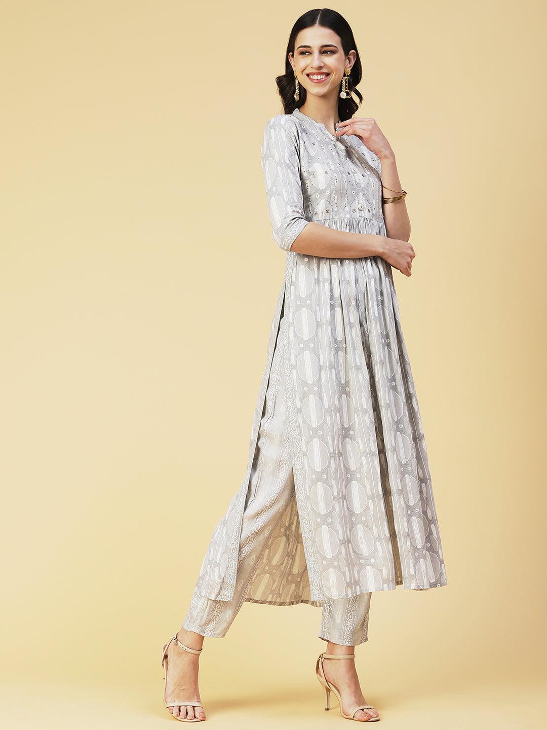 Abstract Printed Mirror Embroidered Kurta With Pants & Dupatta - Grey - Indiakreations