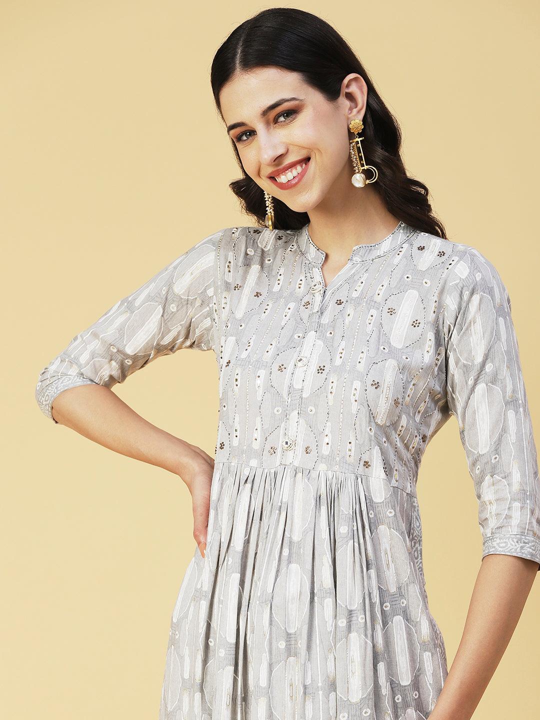 Abstract Printed Mirror Embroidered Kurta With Pants & Dupatta - Grey - Indiakreations