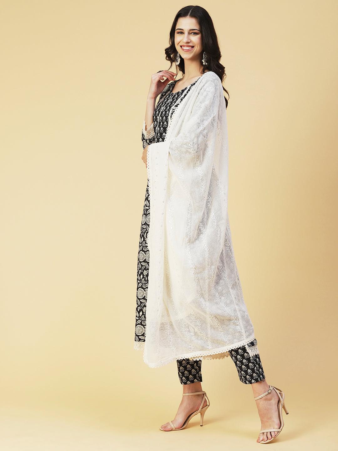 Floral Printed Kurta With Pants & Embroidered Dupatta - Black & White - Indiakreations