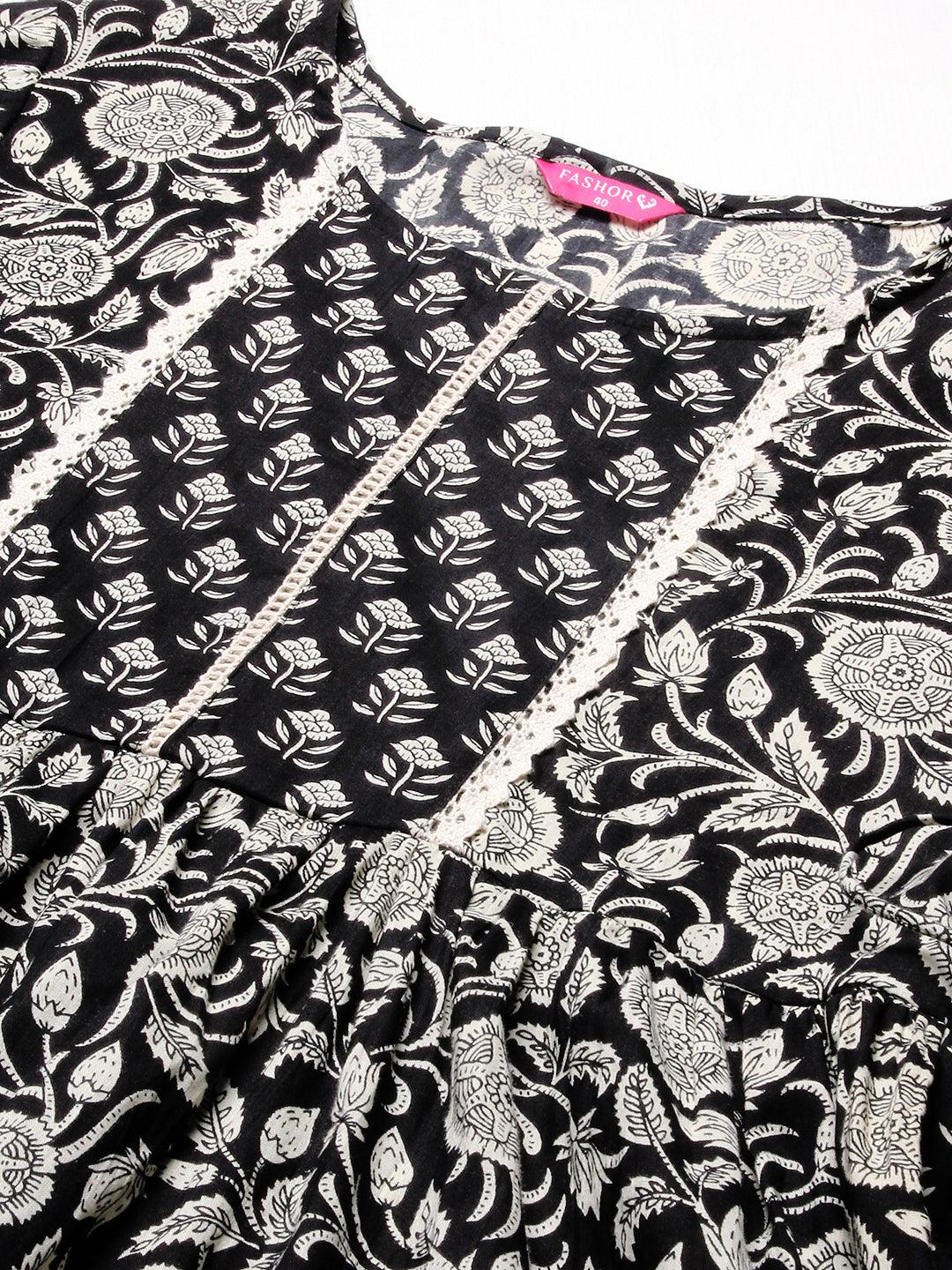 Floral Printed Kurta With Pants & Embroidered Dupatta - Black & White - Indiakreations