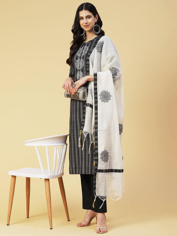 Striped Resham Embroidered Kurta with Pants & Dupatta - Black - Indiakreations