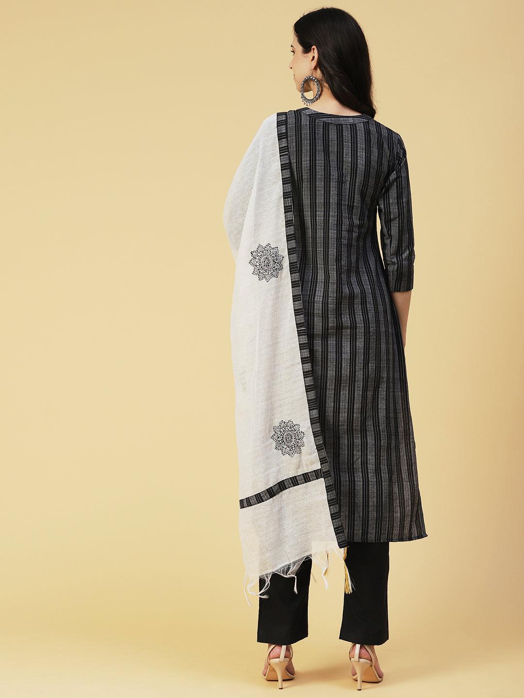 Striped Resham Embroidered Kurta with Pants & Dupatta - Black - Indiakreations