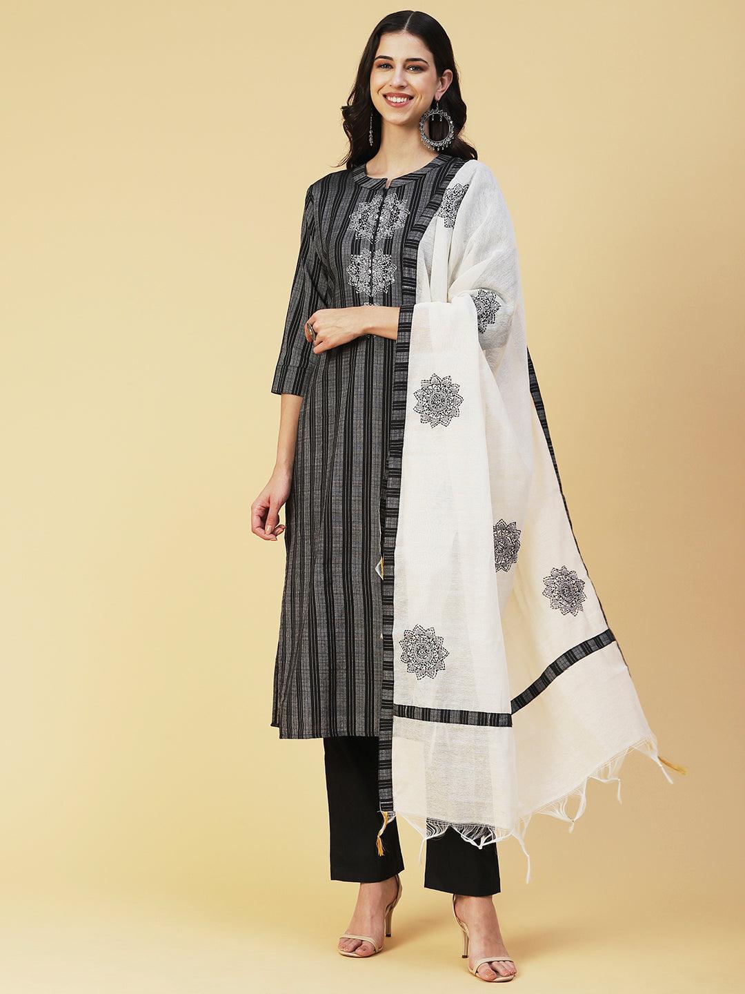 Striped Resham Embroidered Kurta with Pants & Dupatta - Black - Indiakreations