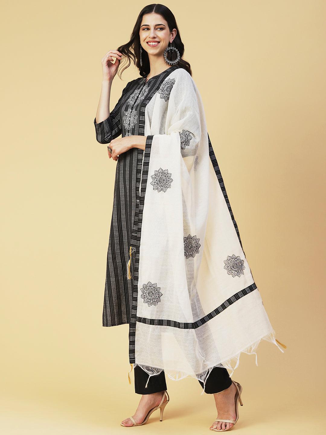 Striped Resham Embroidered Kurta with Pants & Dupatta - Black - Indiakreations