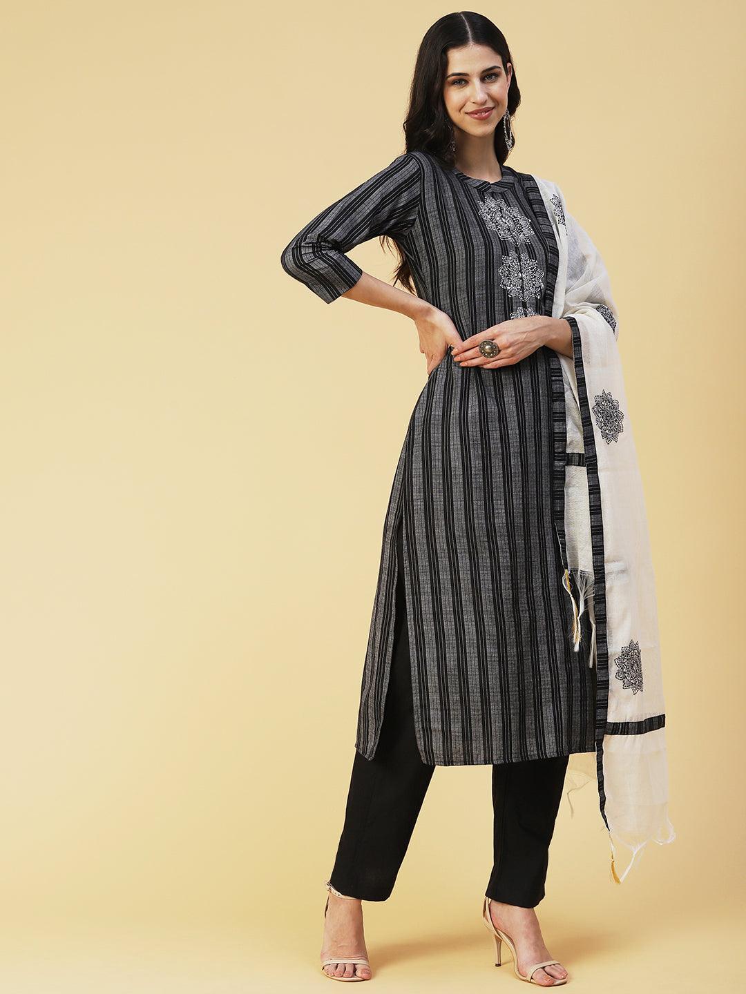 Striped Resham Embroidered Kurta with Pants & Dupatta - Black - Indiakreations