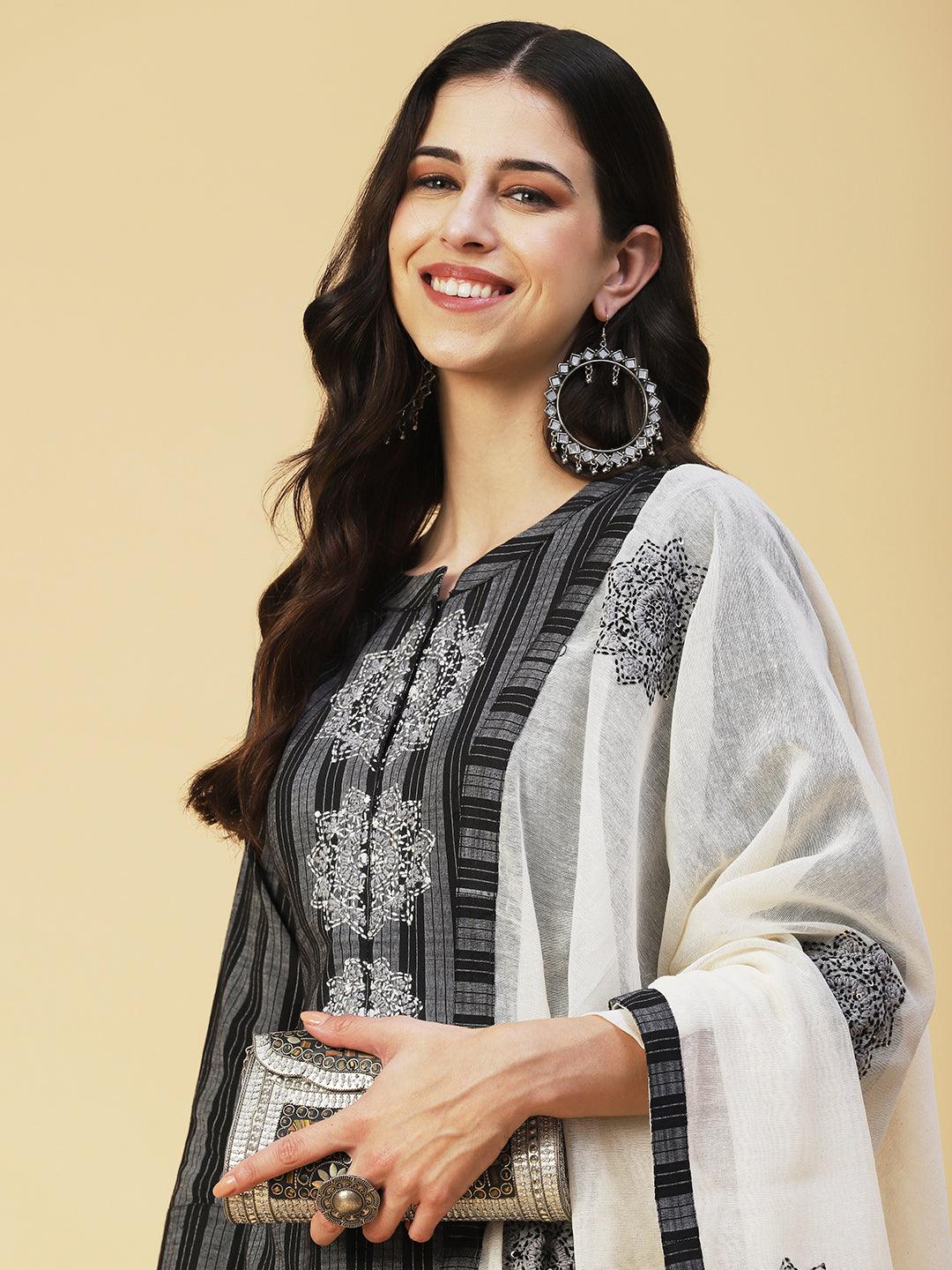 Striped Resham Embroidered Kurta with Pants & Dupatta - Black - Indiakreations