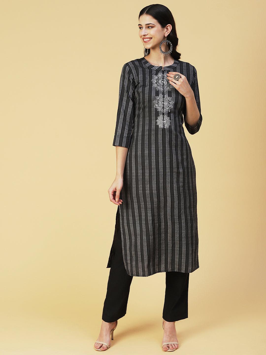 Striped Resham Embroidered Kurta with Pants & Dupatta - Black - Indiakreations