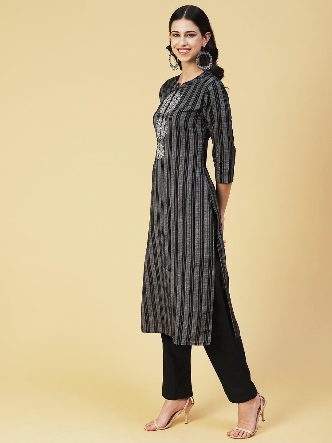 Striped Resham Embroidered Kurta with Pants & Dupatta - Black - Indiakreations